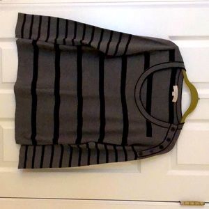 Loft crew neck gray and black stripe sweater with buttons on sleeve.